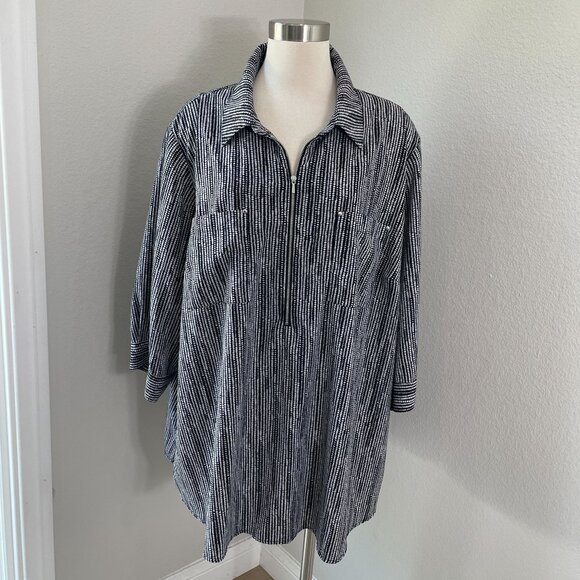 Catherines Womens Petite Plus 2XWP Black White Tunic Top Zip Front 3/4 Sleeve - Picture 1 of 8